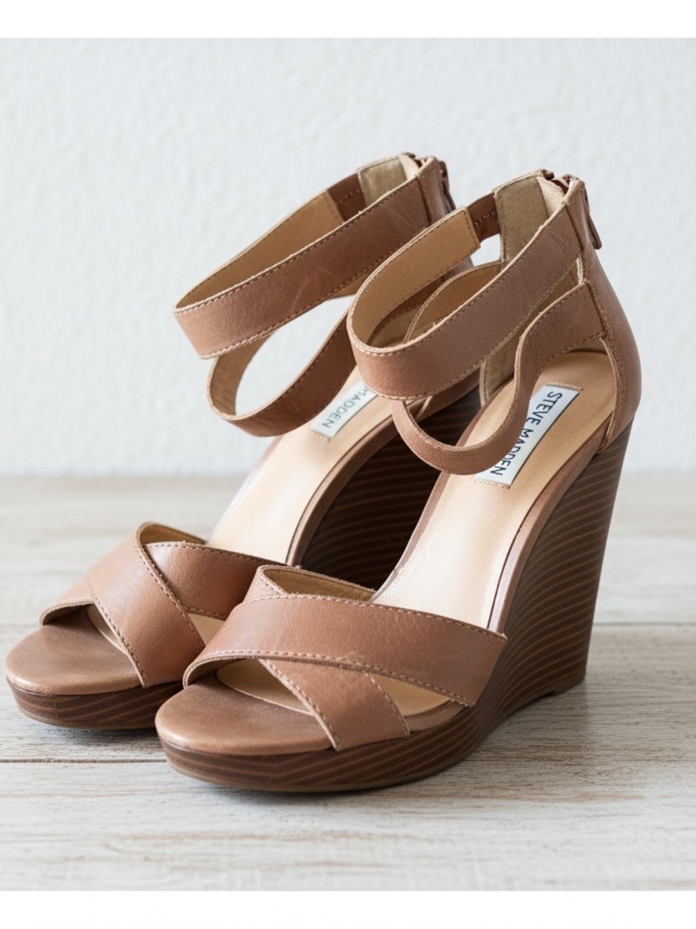 Steve Madden JANE Leather Wedge Sandals Brown Ankle Strap Women’s Size 7